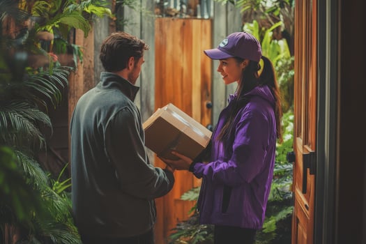 Woman delivers a package to a man at his door photo