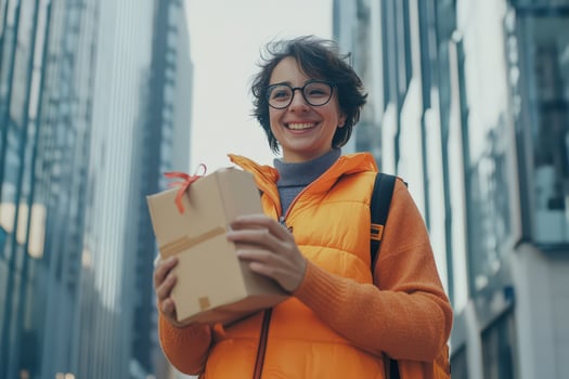 A woman in glasses holding a box and smiling photo