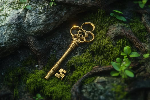 Golden key on mossy ground photo