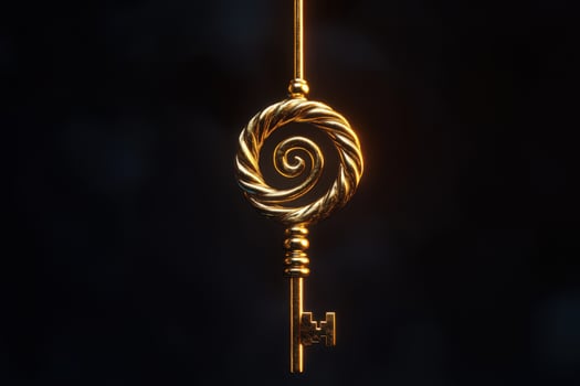Golden key with spiral design on black background photo