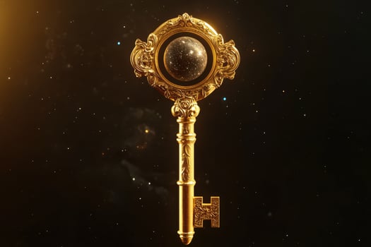 Golden key with a mirror in the center photo