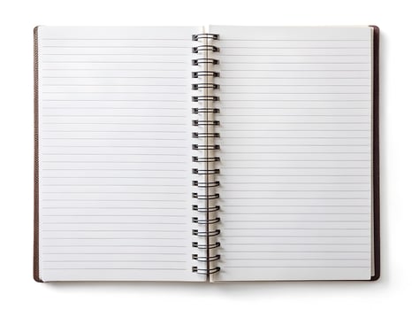 Open Spiral Notebook with Blank Lined Pages on White Background photo