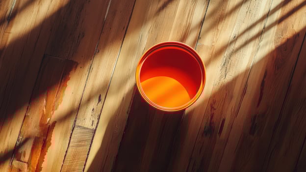 Orange paint bucket on wooden floor in sunlight photo