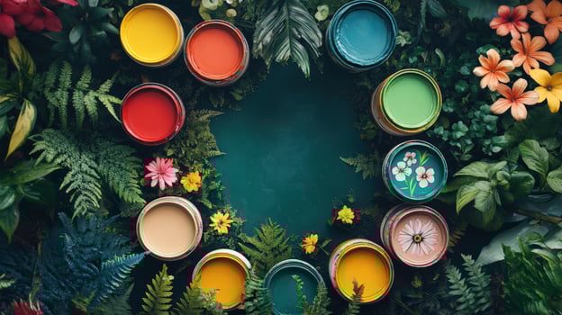 Colorful paint cans arranged among lush green foliage and flowers photo