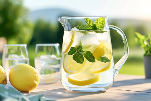 Refreshing lemonade with mint and ice cubes in a glass pitcher photo