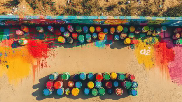 Colorful Paint Cans Arranged Against Graffiti Wall photo