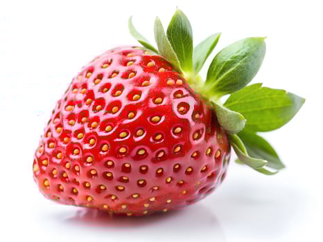 strawberry with detailed texture and fresh green leaves on white background photo