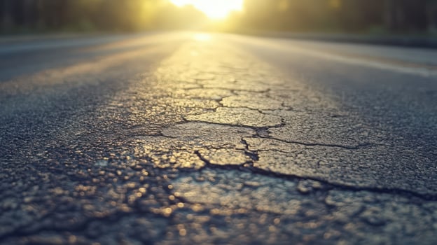 A road with cracks and sun shining through it photo