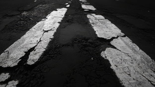Black and white photo of asphalt road with white lines