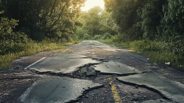 A road that is cracked and has a yellow line on it photo