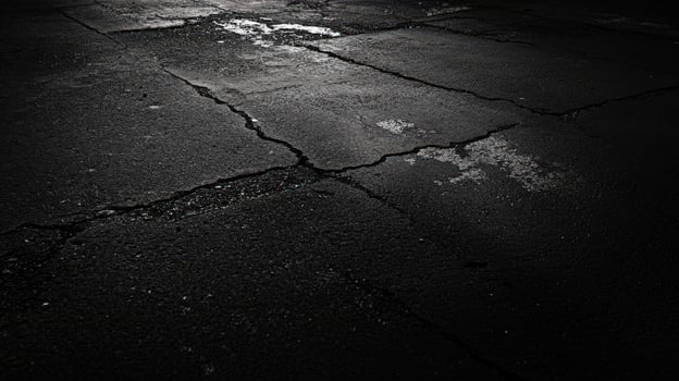 A black and white photo of a street with cracks