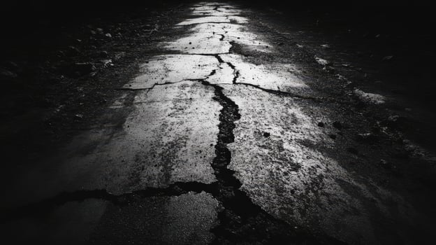 A black and white photo of a road with cracks