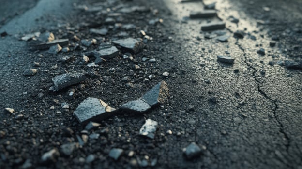 A close up of a road with rocks and gravel photo