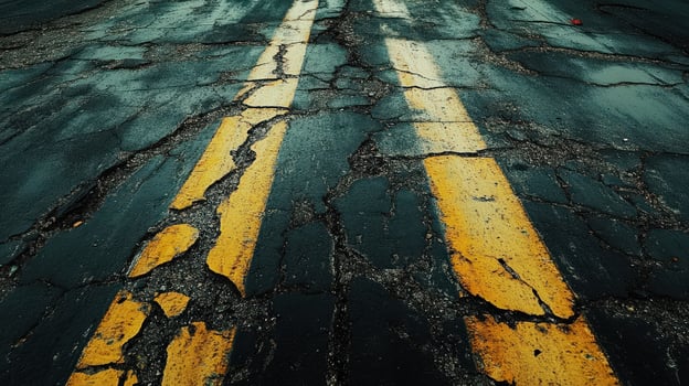 Cracked Asphalt Road Showing Yellow Line Stripes photo