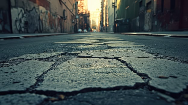 Cracked city street asphalt road leading to distant buildings photo