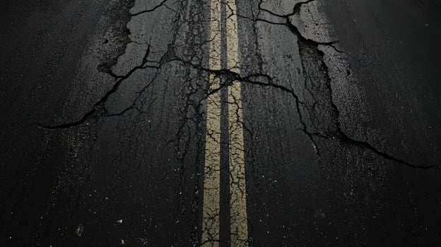 Cracked Asphalt Road Showing Double Yellow Lines photo