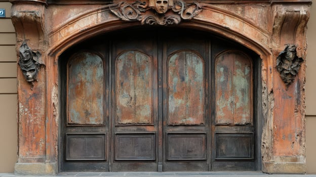 Ornate Archway Entrance with Weathered Wooden Door photo