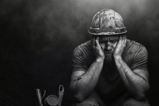 Miner takes a break underground, reflecting on the challenges of work in a soot-filled environment photo