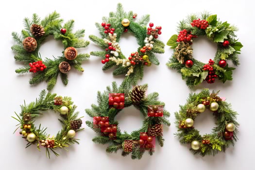 Six beautiful Christmas wreaths adorned with pine cones, red berries, gold balls, and festive greenery ready for holiday decoration photo