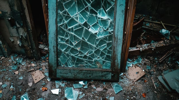 Shattered teal glass door in a ruined building photo