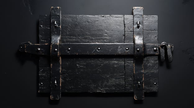 Black Wooden Panel With Metal Clasps And Hinges photo