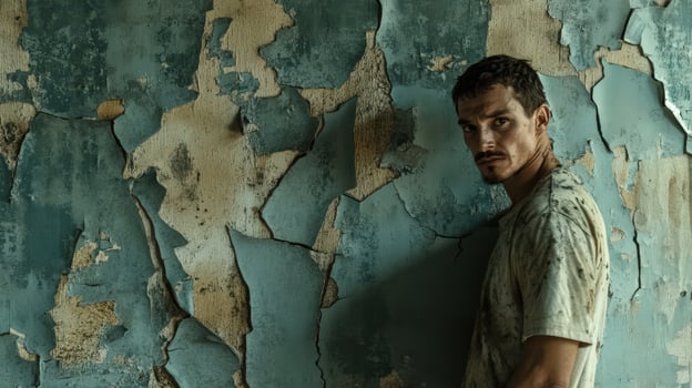Man Stands Against a Decaying Teal Wall photo
