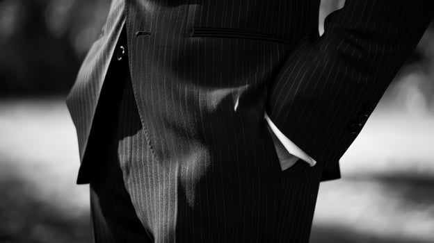 A Man Wearing a Pinstripe Suit Stands Outdoors photo