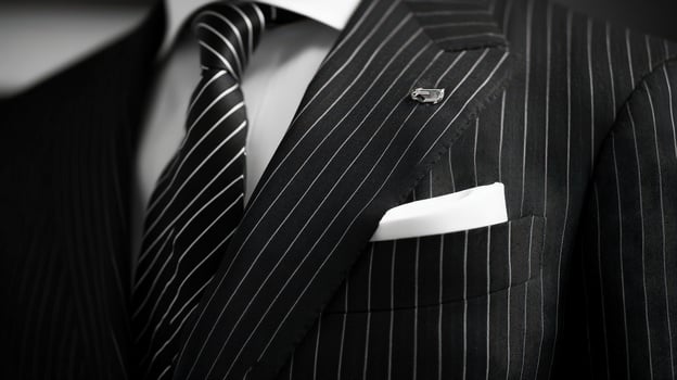 Black Pinstripe Suit With White Shirt And Tie photo