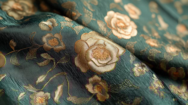 A close up of a green and gold floral fabric photo