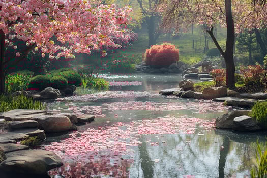 Blooming Japanese garden with a lake in spring. photo