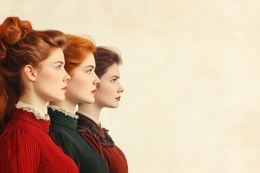 Three suffragettes posing together for women's suffrage movement copy space photo