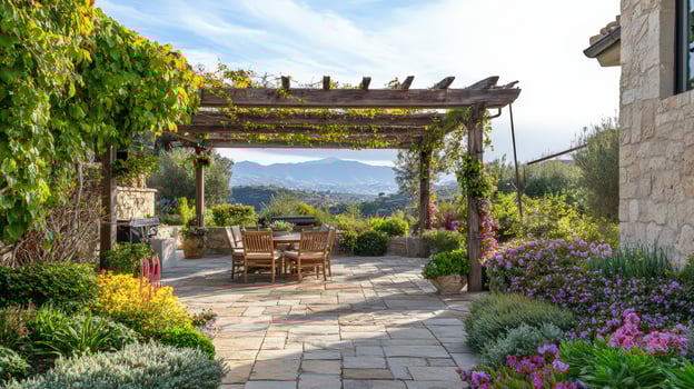 Scenic Patio With Wooden Pergola And Mountain View photo