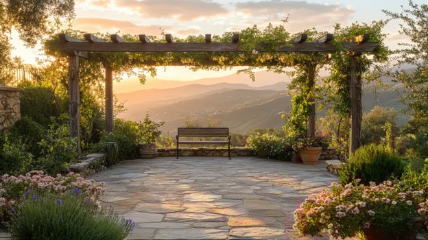 Serene Sunset View Garden Bench Under Pergola photo