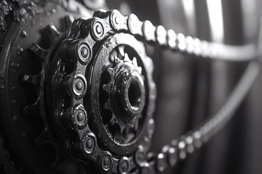 Close-up views of a bike chain in industrial setting. photo