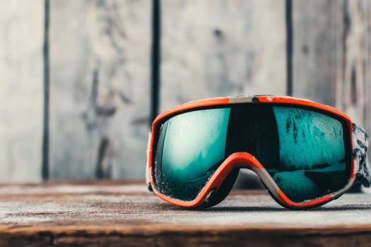 Stylish ski goggles resting on a rustic wooden surface. photo