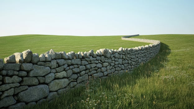 Stone wall curves across a verdant grassy field photo