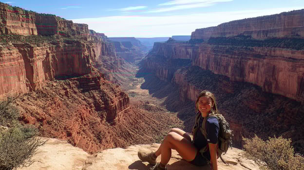 Woman hiker rests overlooking a vast canyon landscape photo