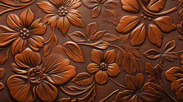 Embossed Floral Design on Brown Leather Texture photo