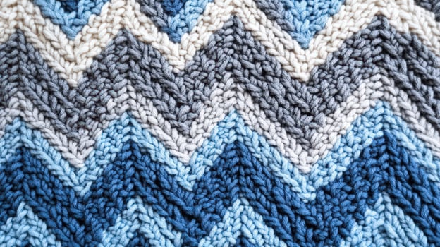 Knitted fabric showing chevron pattern in blues and beige photo