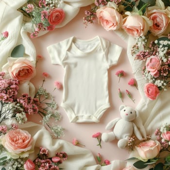 A baby's onesie surrounded by flowers photo