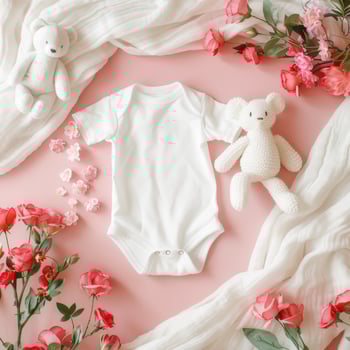 A baby's onesie, teddy bear and flowers on a pink background photo