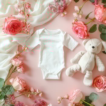 A teddy bear and a baby bodysuit are surrounded by flowers photo