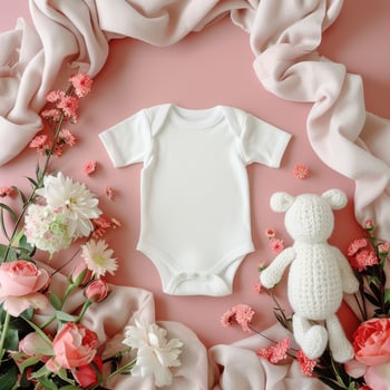 Blank baby clothes on pink background with flowers photo
