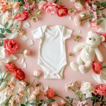 A teddy bear and a baby's outfit surrounded by flowers photo