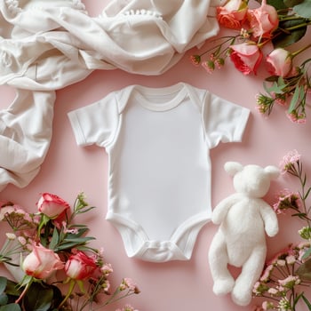 A teddy bear and a baby bodysuit on a pink background photo