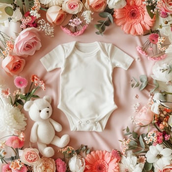 A baby's onesie surrounded by flowers photo