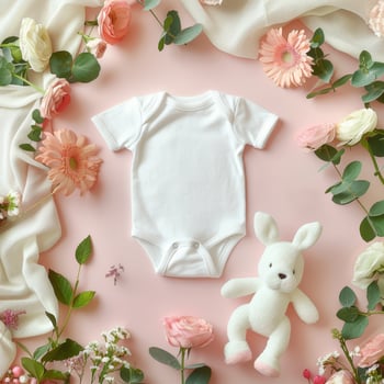 Baby clothes and flowers on a pink background photo