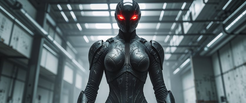 A woman in a futuristic suit standing in a dark hallway photo