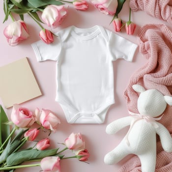 Blank baby clothes and flowers on a pink background photo