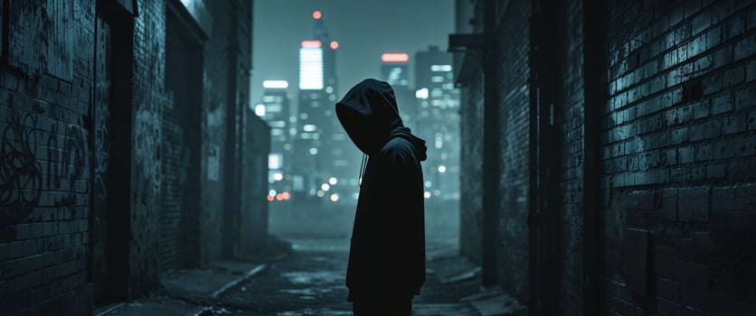 A Mysterious Figure in a Dark Alleyway A Suspenseful Nighttime Scene in a Grim Urban Setting photo